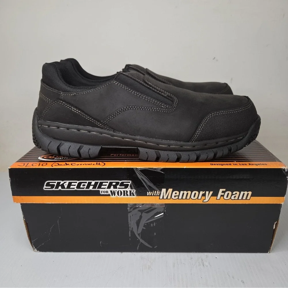 Skechers Work Hartan 77066 Men's Steel Toe Black Leather Safety Shoes Size 12